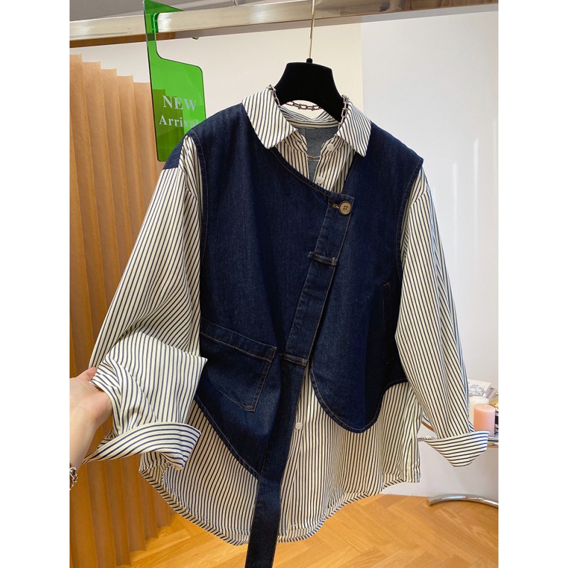 欧货牛仔拼接条纹衬衫女2025早春新款宽松高级设计感假两件上衣潮