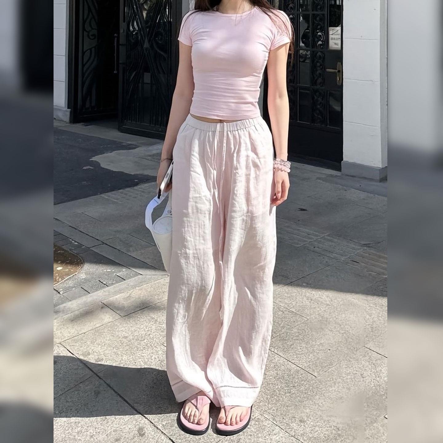 雪千羽粉色亚麻刺绣镂空休闲长裤女夏新款宽松显瘦高腰垂感阔腿裤