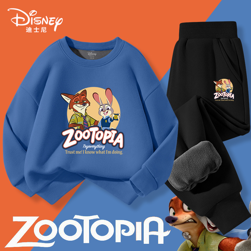 疯狂动物城迪士尼童装男童加绒卫衣套装儿童加厚运动裤朱迪狐尼克