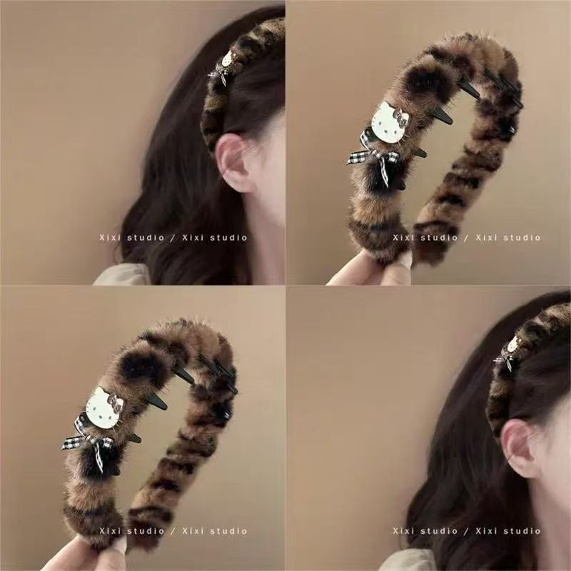 初秋甜酷辣妹KT猫咪发箍时尚毛绒豹纹箍高颅顶带齿发卡蓬松神器饰
