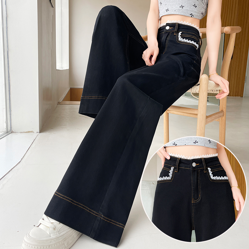 蜜蜜穿搭黑色蕾丝花边阔腿牛仔裤女2025年冬季加绒小个子喇叭裤子