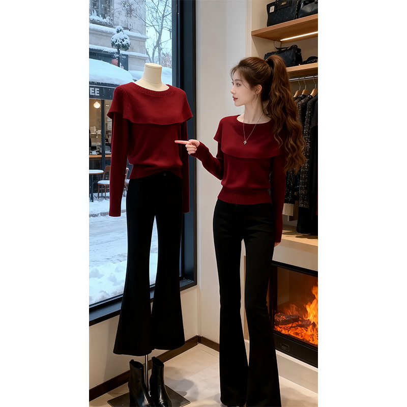 秋冬针织衫气质穿搭一整套女高级感斗篷式披肩红色毛衣阔腿裤套装