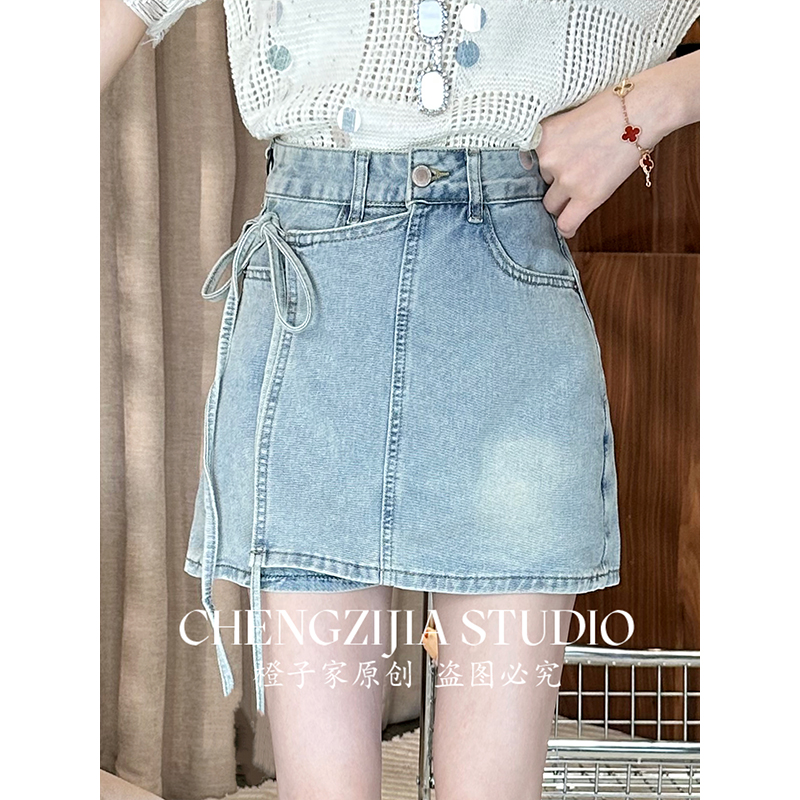 【裴诗婷】橙子·studio复古蓝牛仔短裙女夏季新款a字不规则绑带裙裤