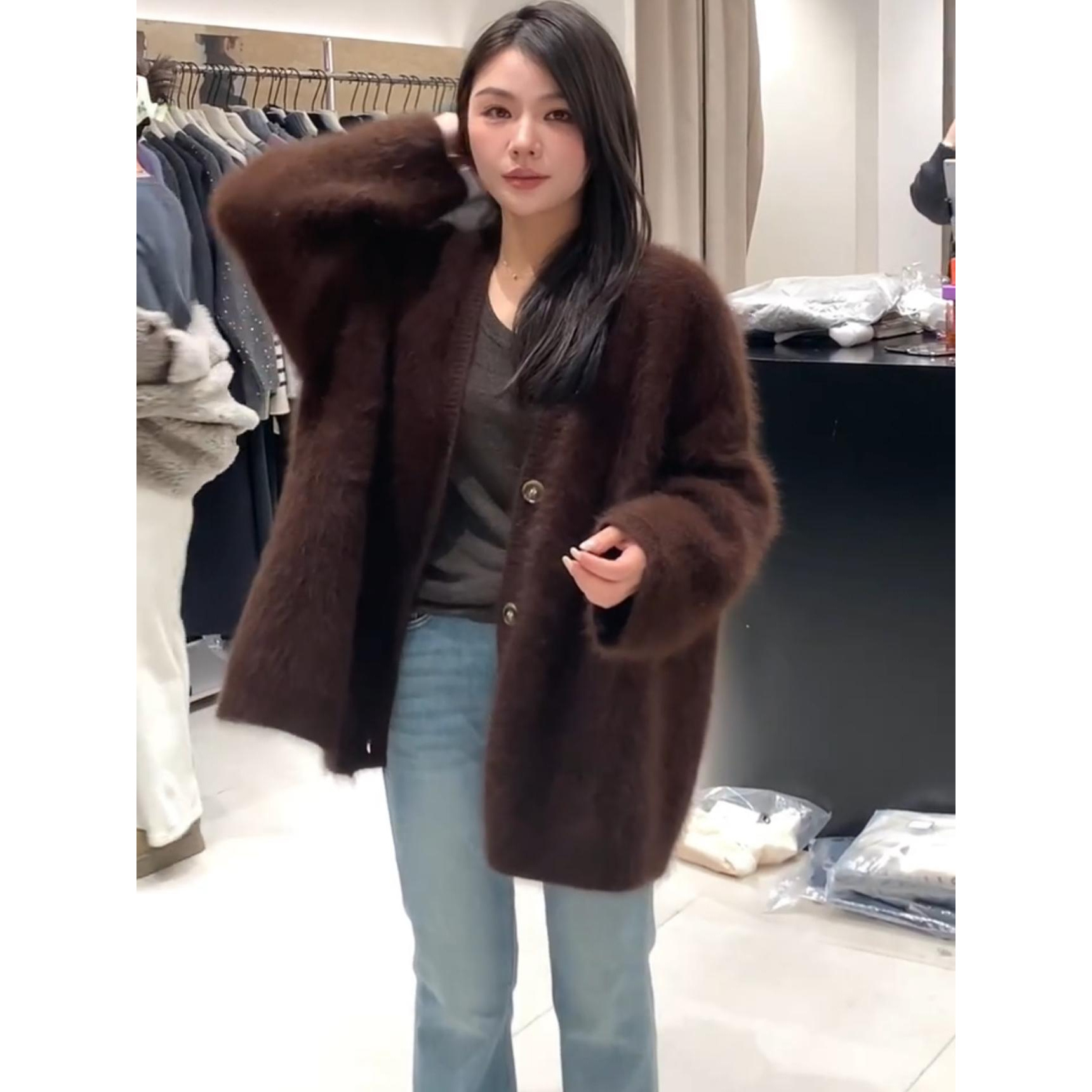 气质好的想转圈圈！针织开衫女毛衣中长款宽松外套慵懒风加厚上衣