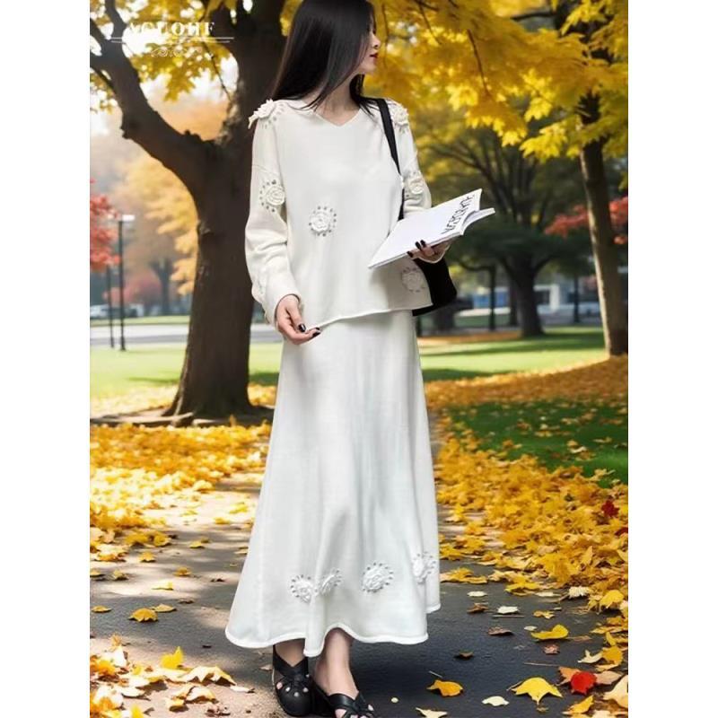 设计感法式立体手工山茶花重工上衣+半身裙毛针织两件套秋冬新款