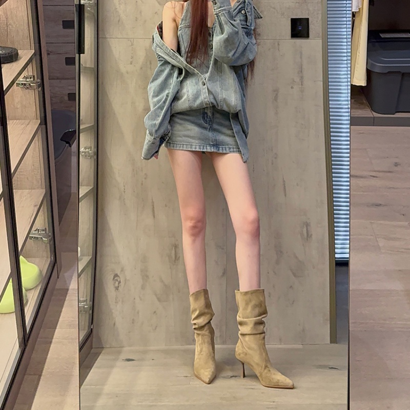 设计感中筒骑士靴女春夏薄款细跟尖头短靴子显瘦高跟马丁靴堆堆靴