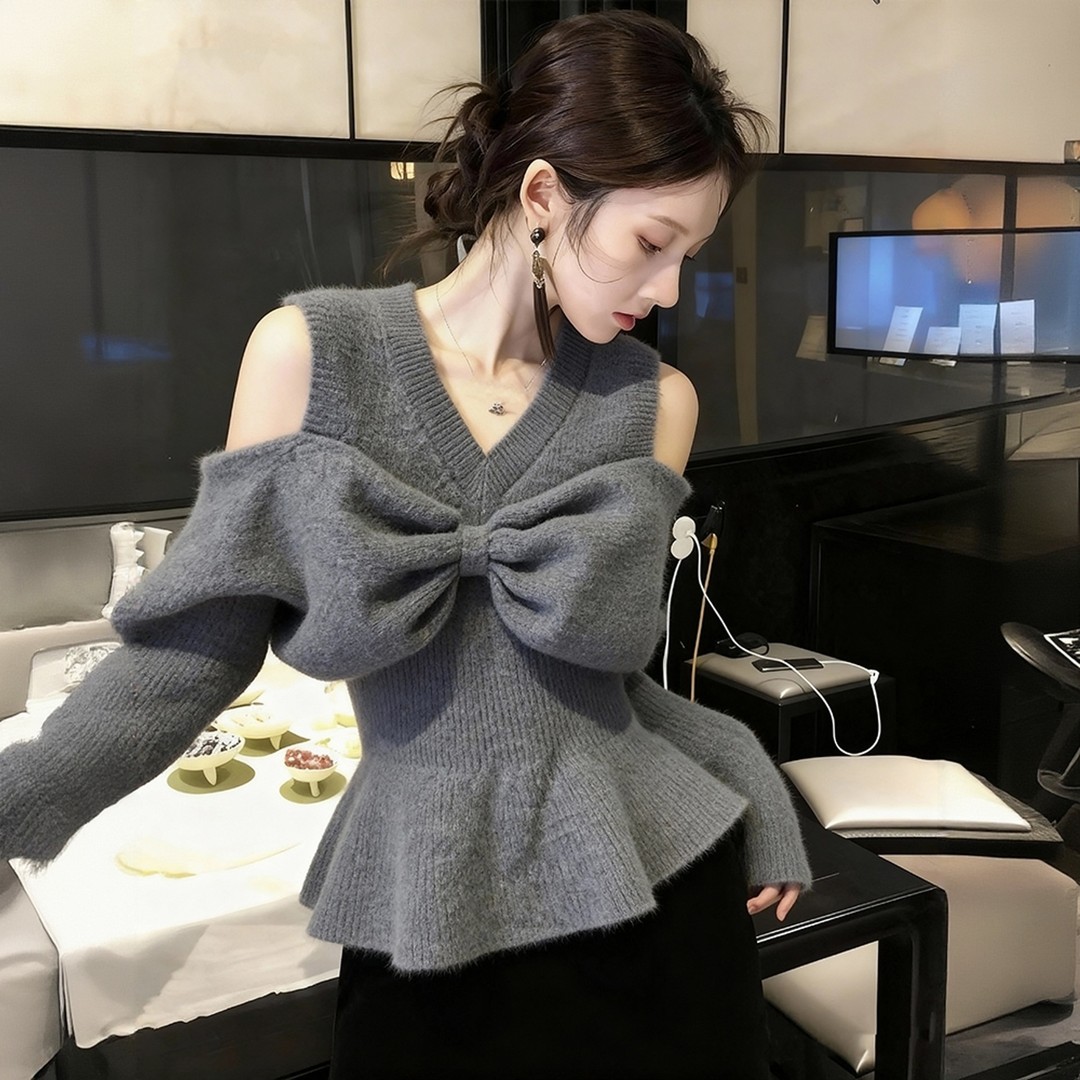 2025绝美巨好看冬时尚气质漂亮慵懒氛围感穿搭灰色蝴蝶结毛衣上衣