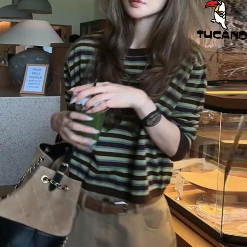 啄木鸟2025韩版复古条纹套头卫衣女秋季慵懒大码显瘦时尚百搭上衣