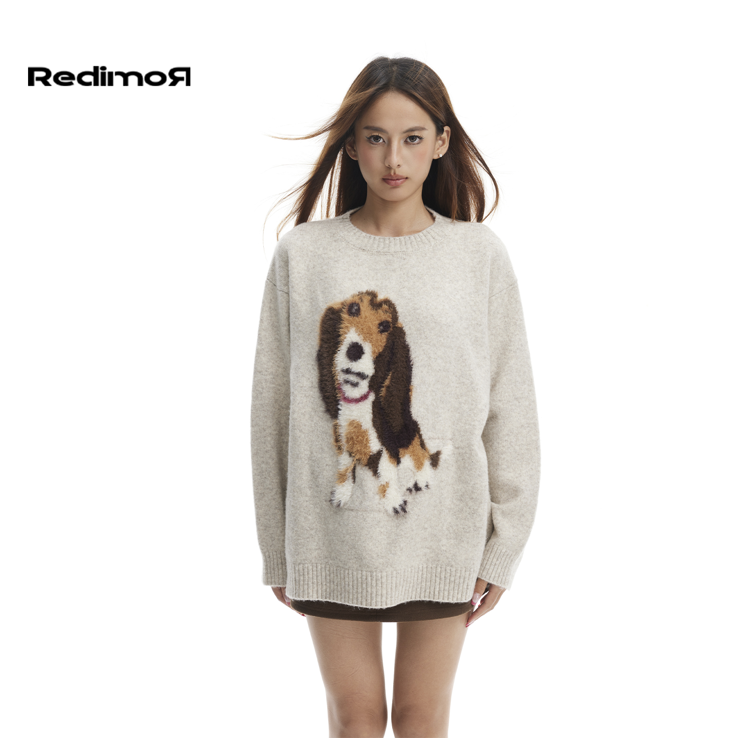 REDIMOR美式小狗毛衣男女情侣秋季新品复古宽松慵懒上衣253RZ1233