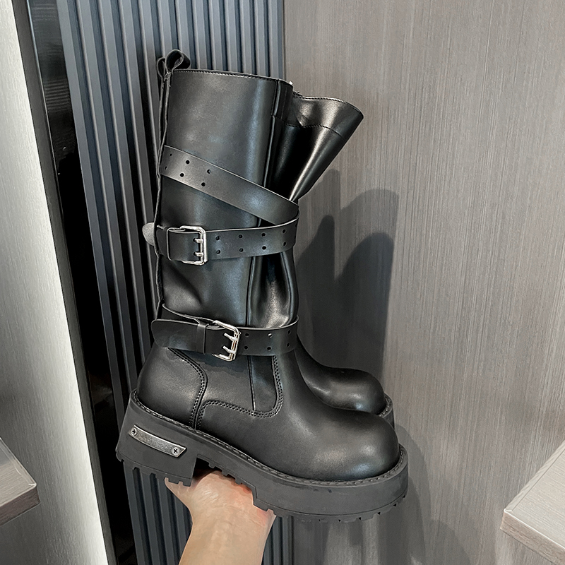 防脏女靴厚底秋冬皮带扣中筒马丁靴厚底黑色烟筒靴