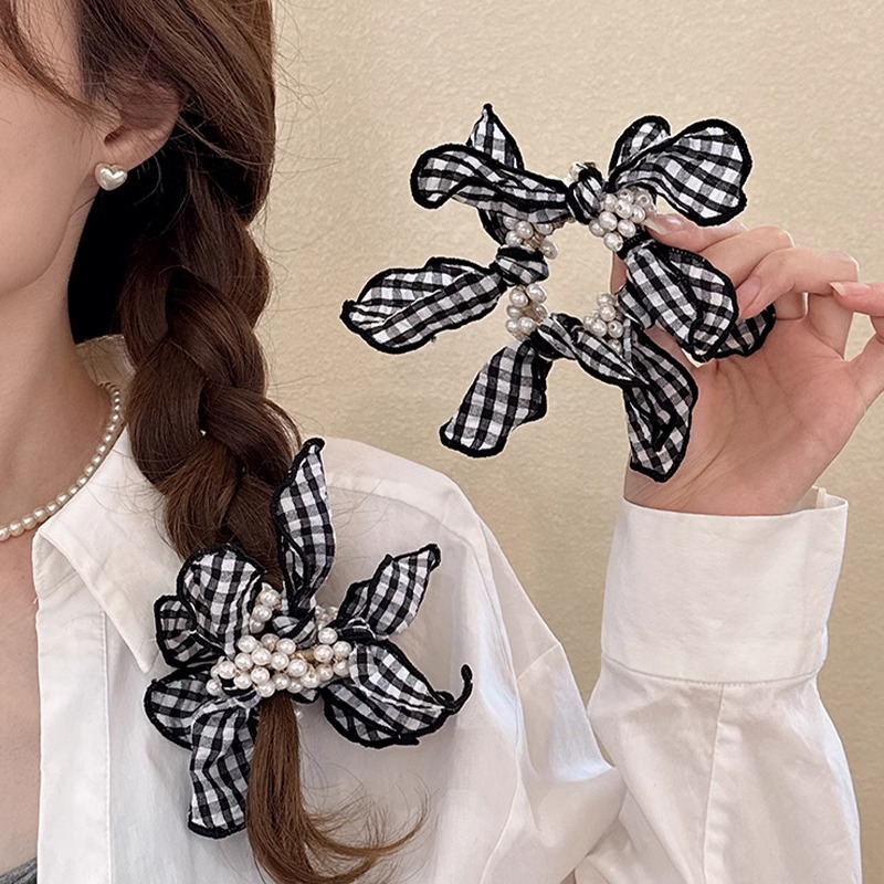 韩系黑白格蝴蝶结珠珠发圈头绳女网红2025新款气质扎头发绳发饰品
