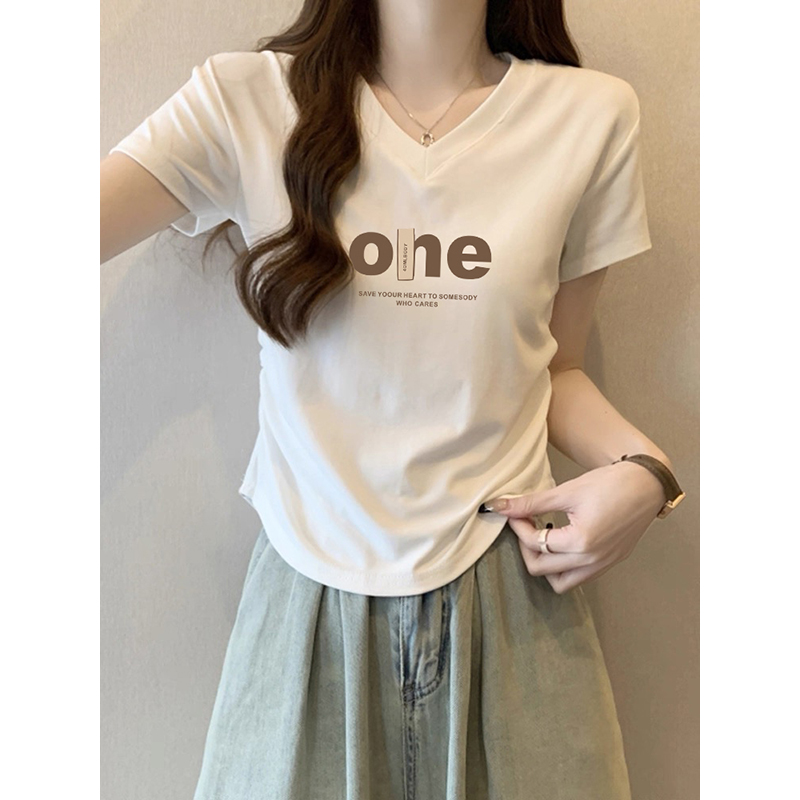 2025年新款夏季正肩纯棉V领短袖t恤女小众设计感褶皱修身显瘦上衣