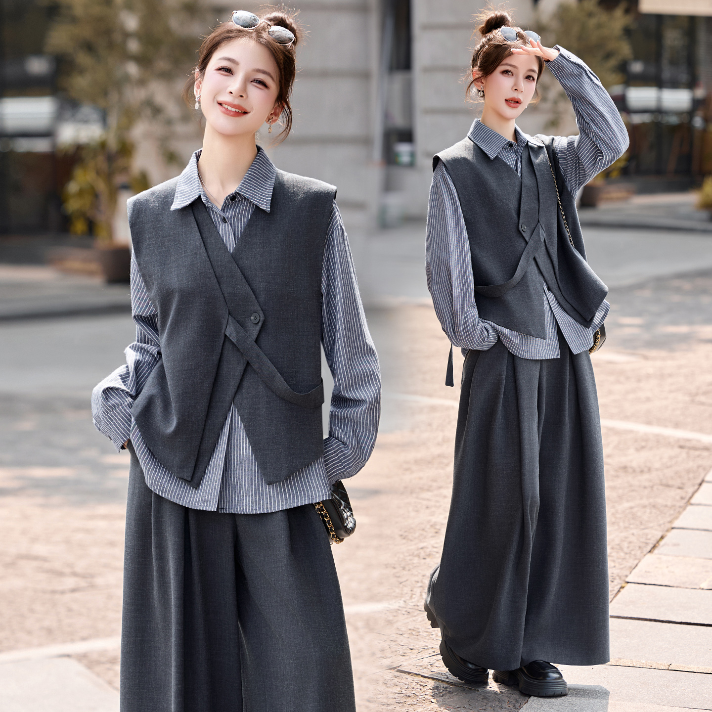 韩系不规则马甲条纹衬衫套装女2025秋季新款设计感休闲百搭三件套