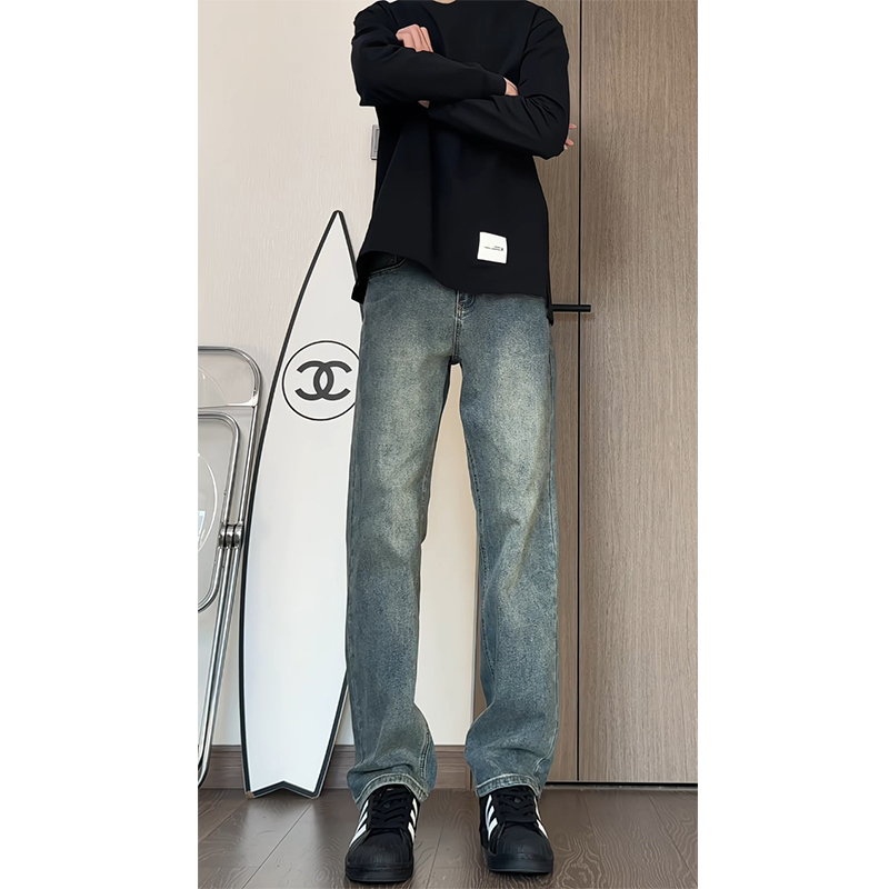 男士微弹宽松直筒牛仔裤复古蓝水洗做旧2025秋冬新款休闲长裤潮牌