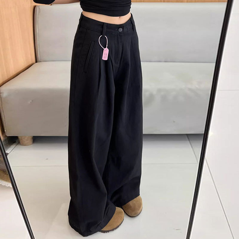 阔腿黑色牛仔裤女夏季2025新款大码复古高腰胖mm慵懒风宽松直筒裤