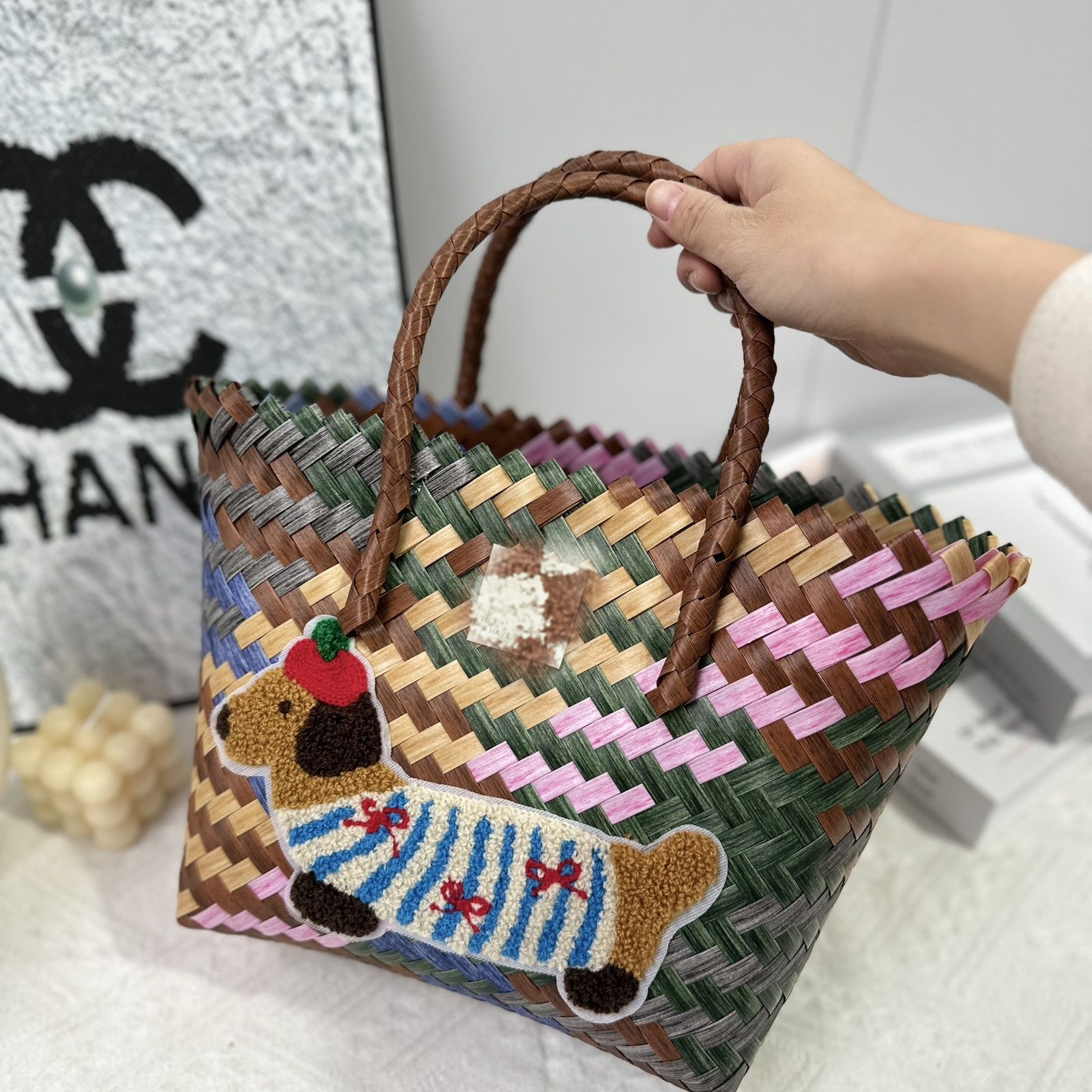 美式复古条纹腊肠狗菜篮子编织手提包可爱女包大容量手工编织