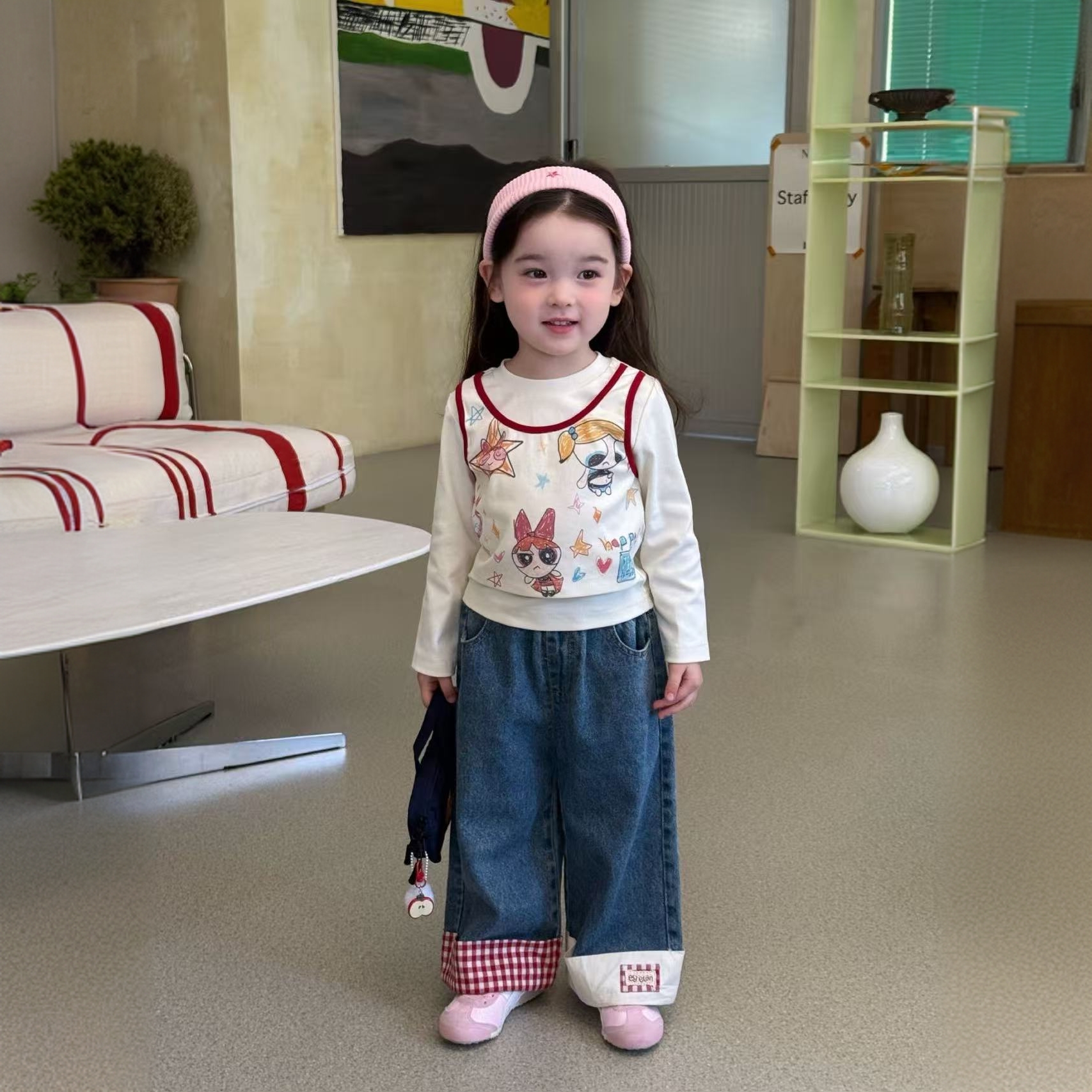 女童2025秋季新款童装儿童小女警假两件长袖T恤+牛仔阔腿裤子套装