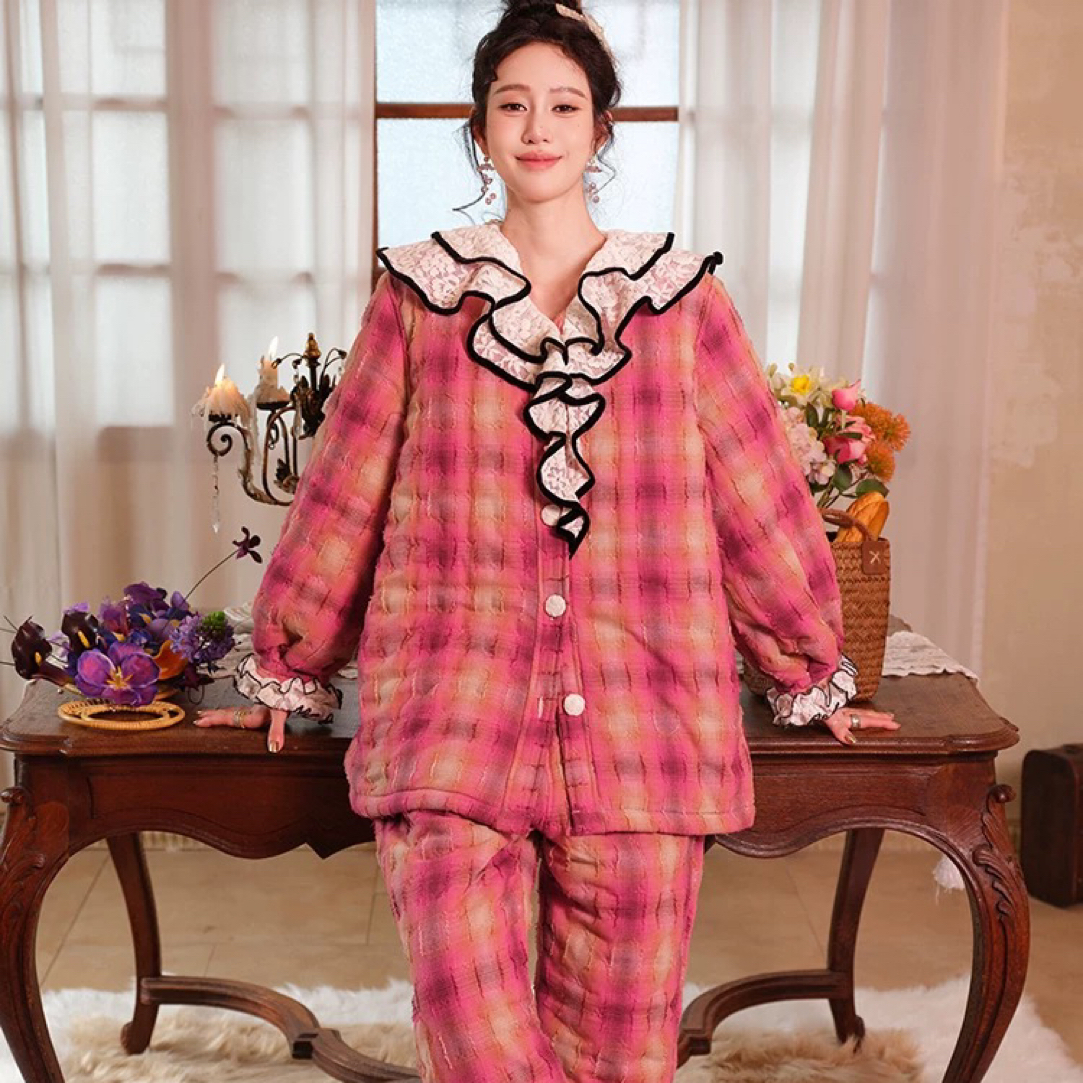 原创枫林晚可外穿三层加厚夹棉睡衣两件套宽松加棉服加绒家居服套