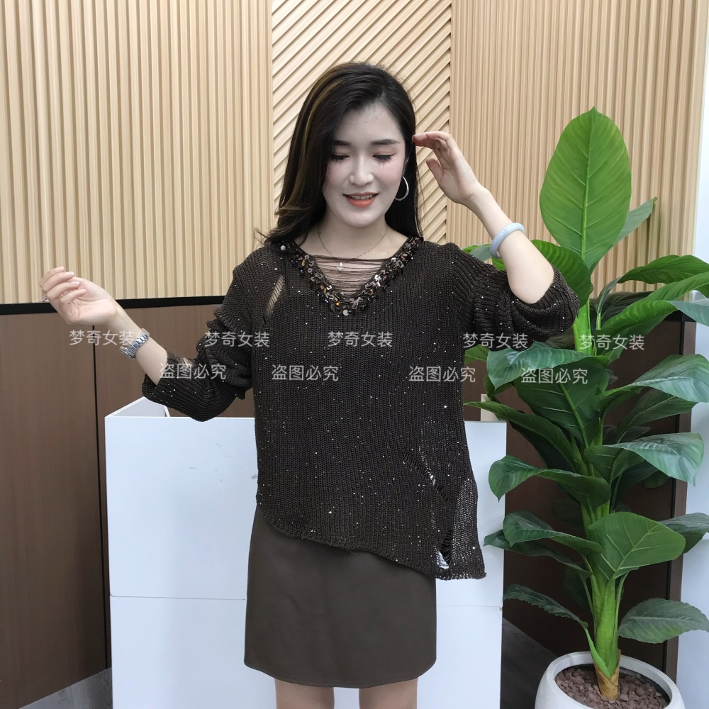 欧货重工时尚气质百搭V领亮片毛衣针织衫设计感破洞时尚百搭气质