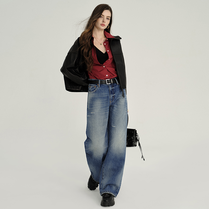 新款韩版高品质2025年秋季高端牛仔裤破洞阔腿裤拖地裤女孩时尚