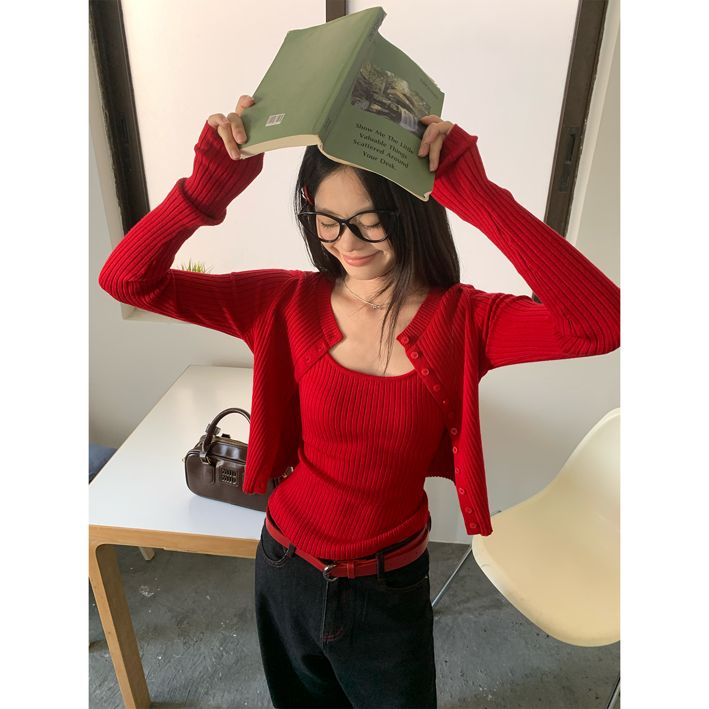 韩系长袖红色针织开衫毛衣上衣秋季修身叠穿背心吊带