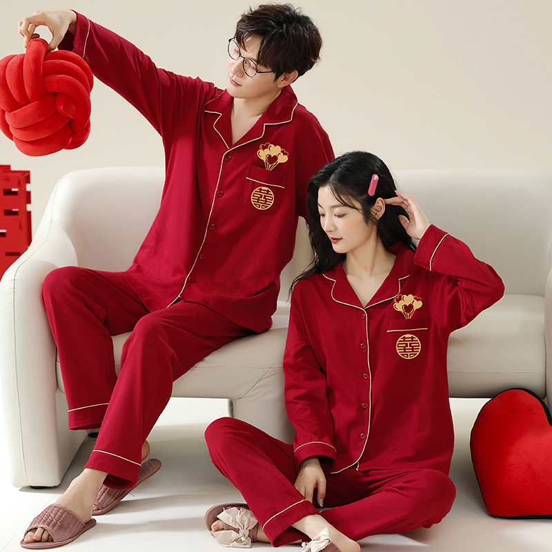 红色睡衣纯棉春秋冬结婚新婚情侣套装一男一女喜庆婚礼陪嫁家居服