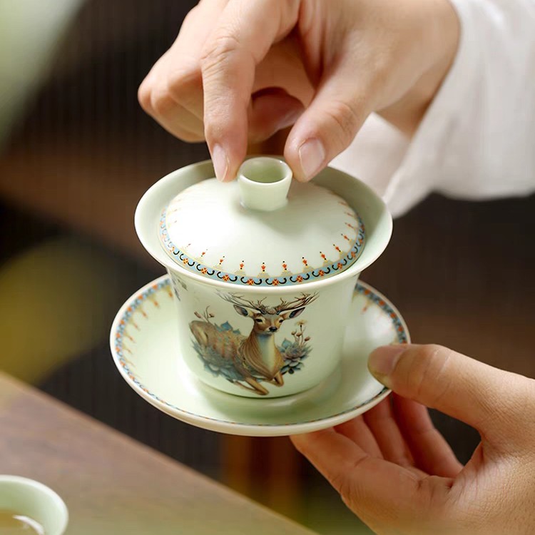 珐琅彩旅行茶具崟陶瓷业复古中式主人杯青瓷瓷盖碗高档创意手工