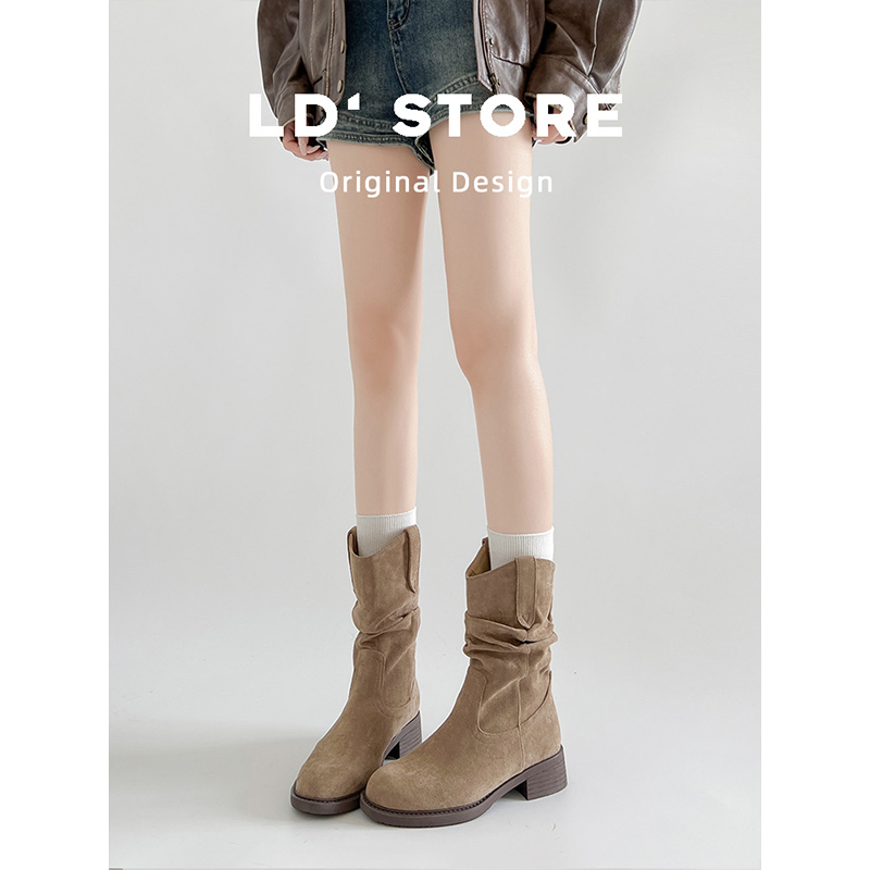 浪宸~内增高短靴女2025年秋季新款美拉德复古粗跟堆堆西部牛仔靴