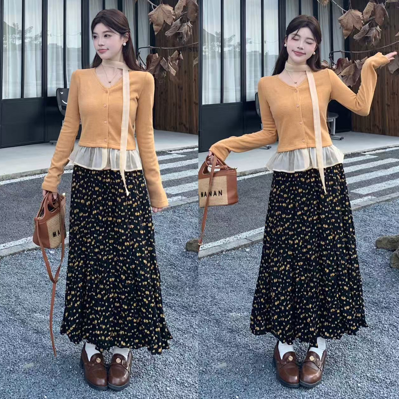 大码胖mm秋季新款韩系甜美风花边拼接长袖针织衫碎花半身裙套装女