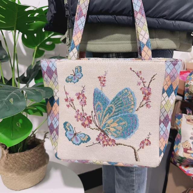 新款帆布包时尚百搭手提包双面金丝提花刺绣腋下包女士便携便当包