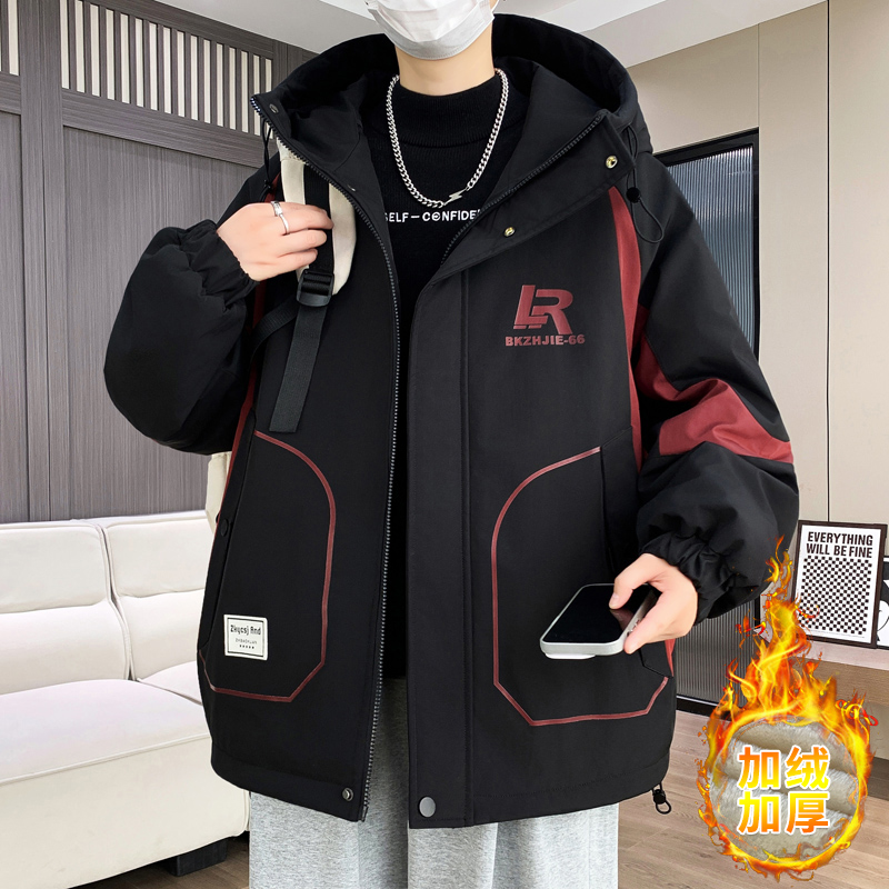 加绒加厚夹克男士冬季保暖外套连帽青少年学生帅气休闲宽松冲锋衣
