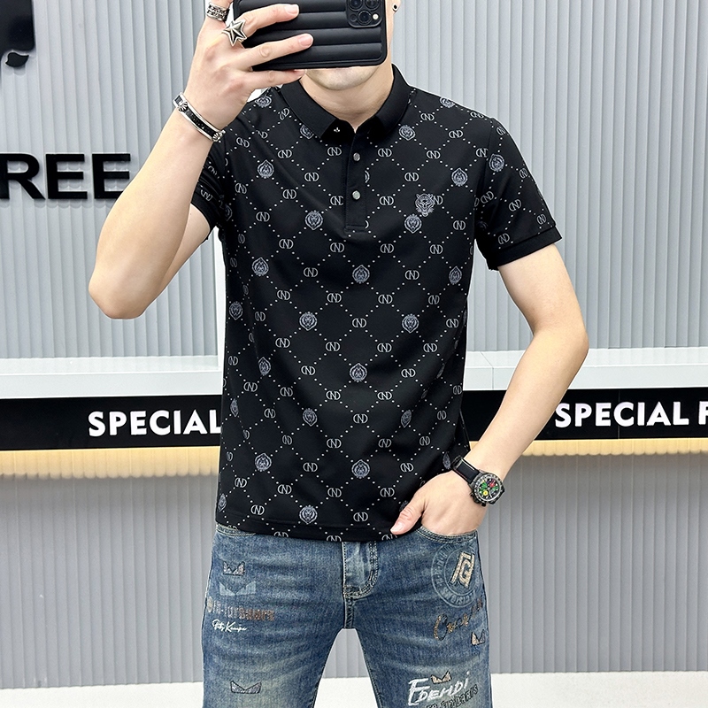 夏季黑色POLO衫时尚净色POLO衫商务休闲条纹polo衫冰丝短袖POLO衫