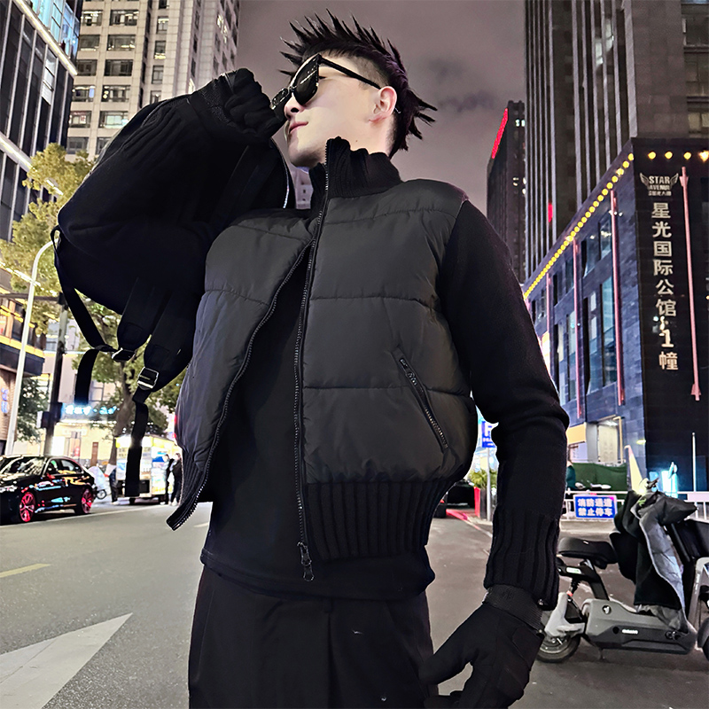 男士冬季外套2025新款针织袖拼接棉服小个子时尚修身显高短款棉衣