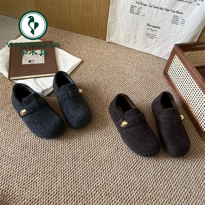 啄木鸟保暖加绒内增高毛呢勃肯鞋女2025冬季新款厚底小金豆博肯鞋