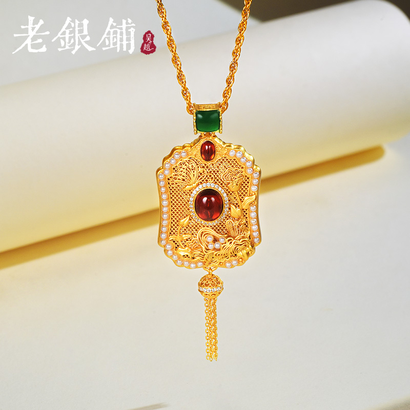 吴越老银铺 坠链均足银锆石 足银999荷香满庭项链手工镶嵌国风