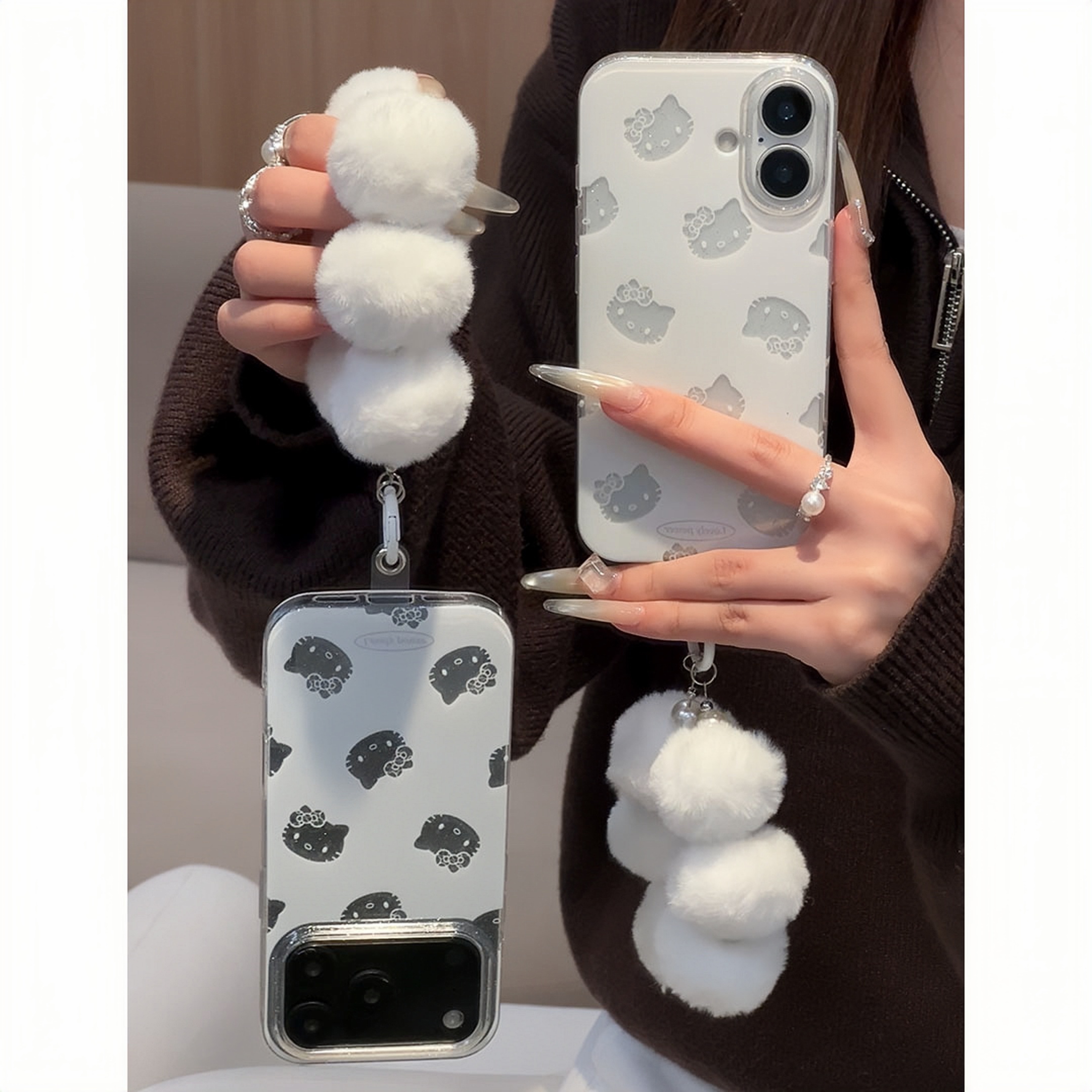 日韩镂空闪粉KT猫挂绳适用苹果16/17手机壳华为vivoppo小米15软壳