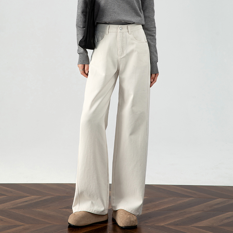 白色阔腿牛仔裤女2025秋冬加绒小个子高腰显瘦宽松A版直筒拖地裤