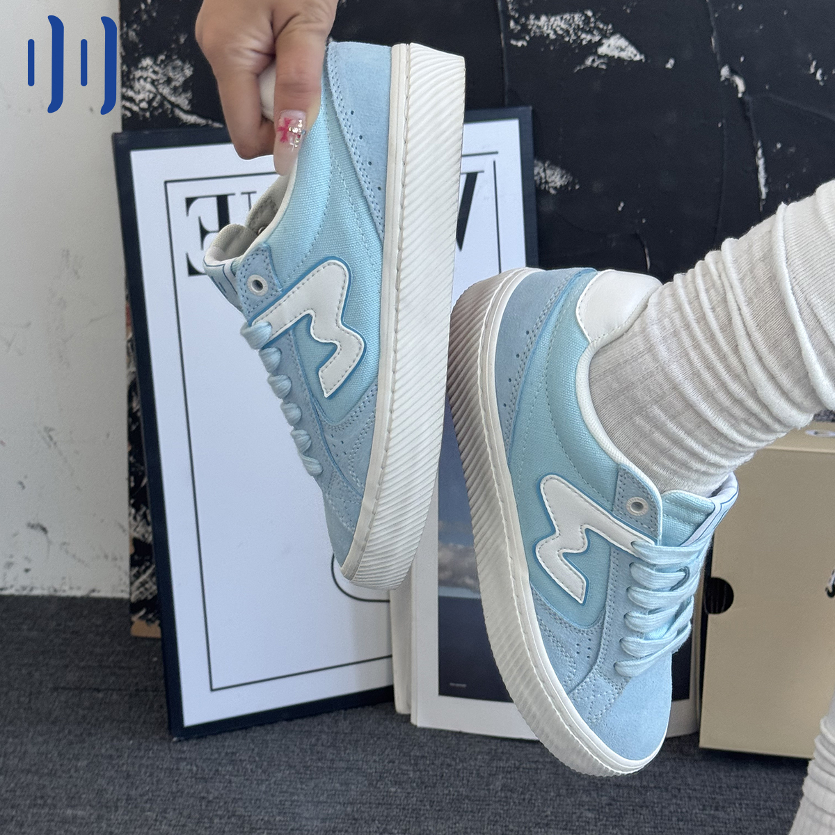 顽刻ollieskate轻质海军蓝秋季校园风W系列低帮男女国潮滑板鞋