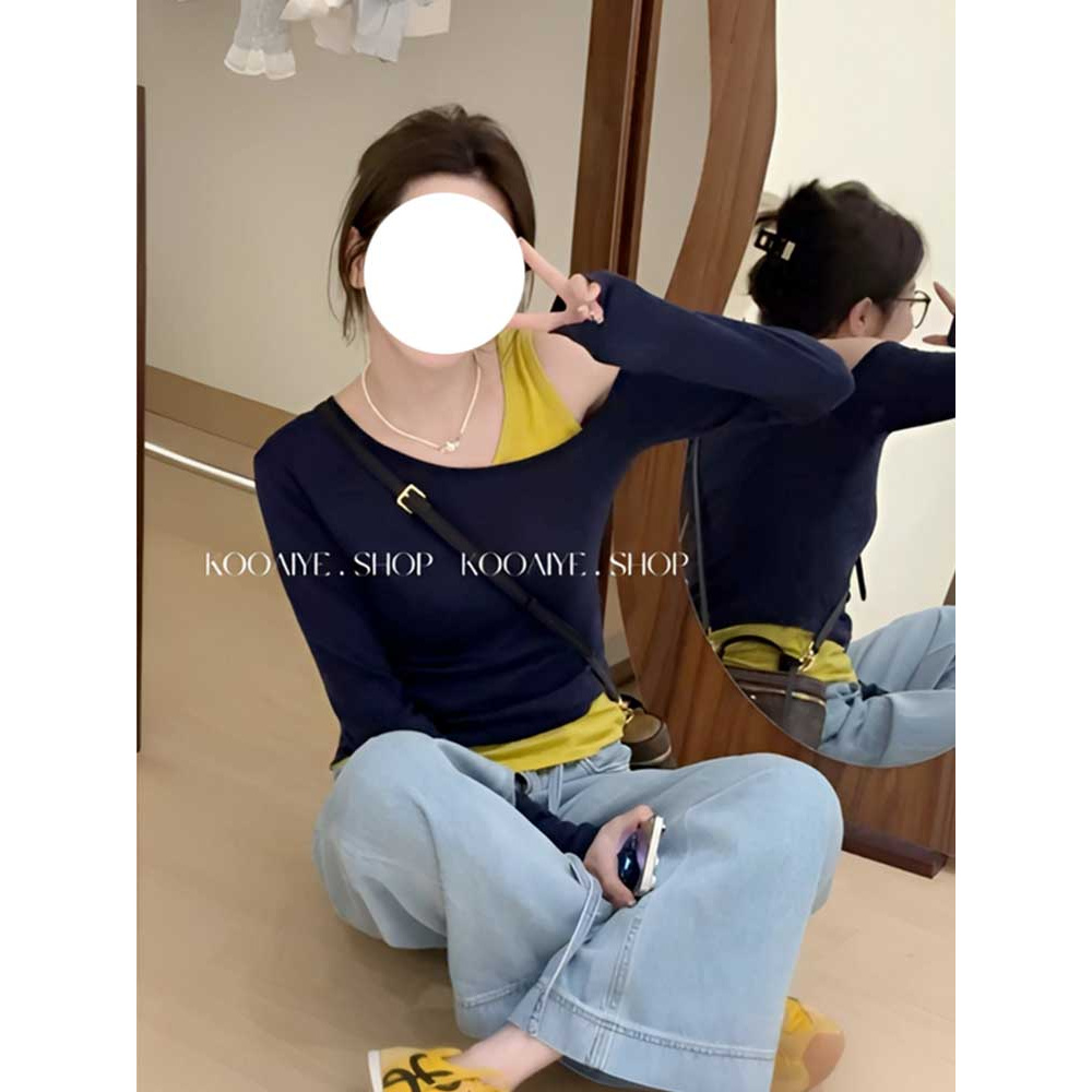2025新款设计感气质纯色T恤女春季韩系撞色假两件露肩长袖上衣