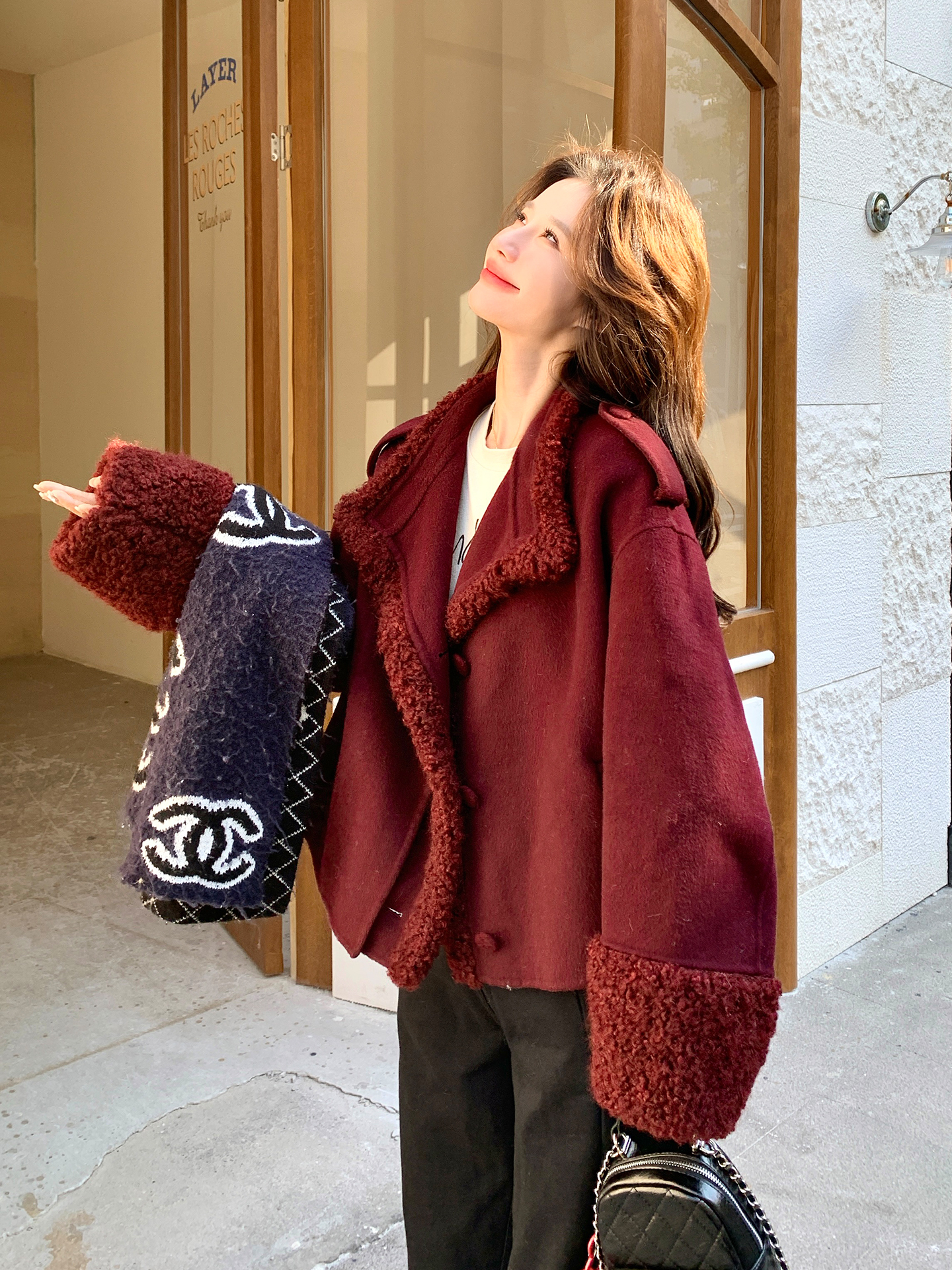 冬季2025年双面呢短款拼接加厚毛绒时尚毛呢外套时尚复古慵懒风女