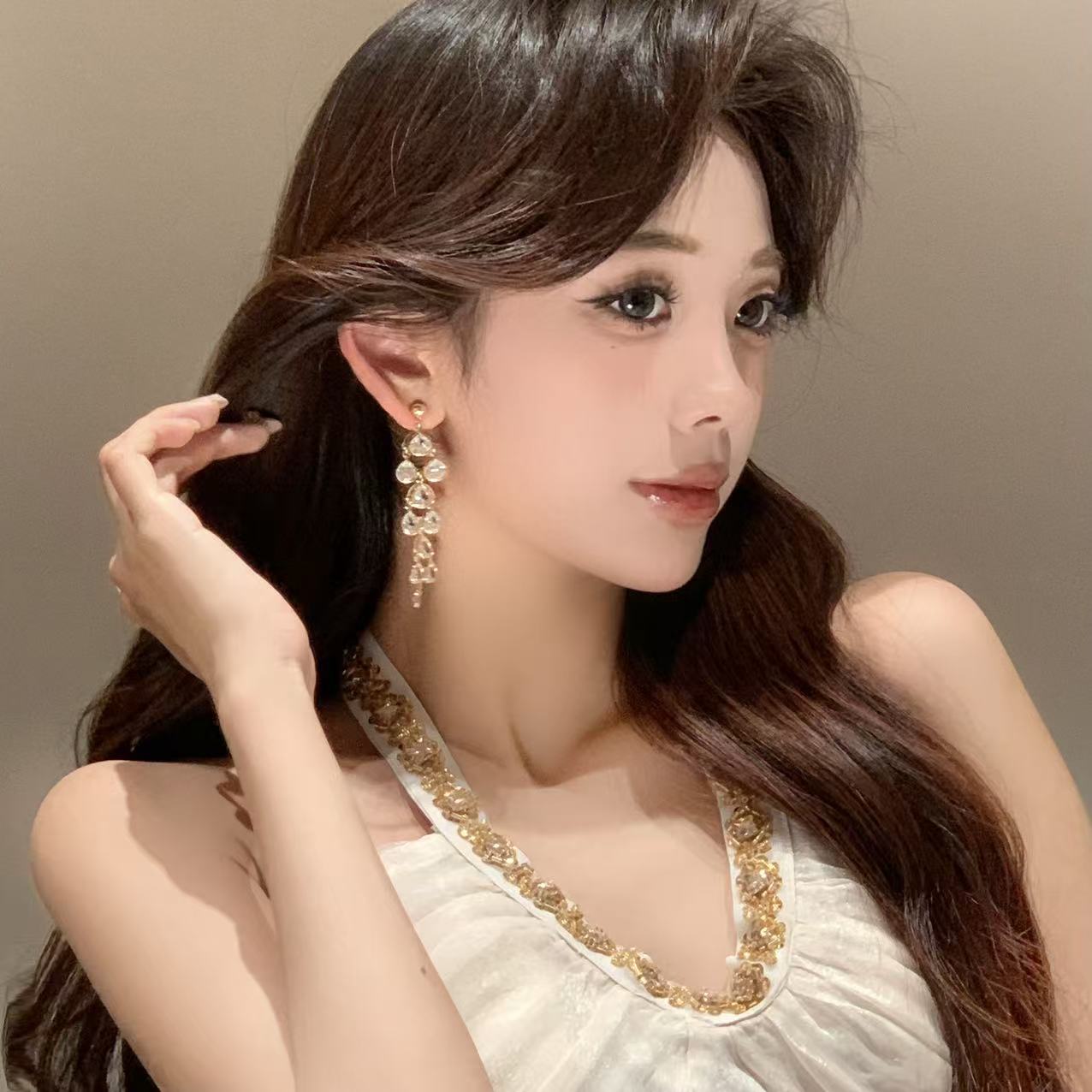 铜合金合成锆石耳饰 FULL GIRLISH耳环02714长款满钻流苏耳钉耳饰