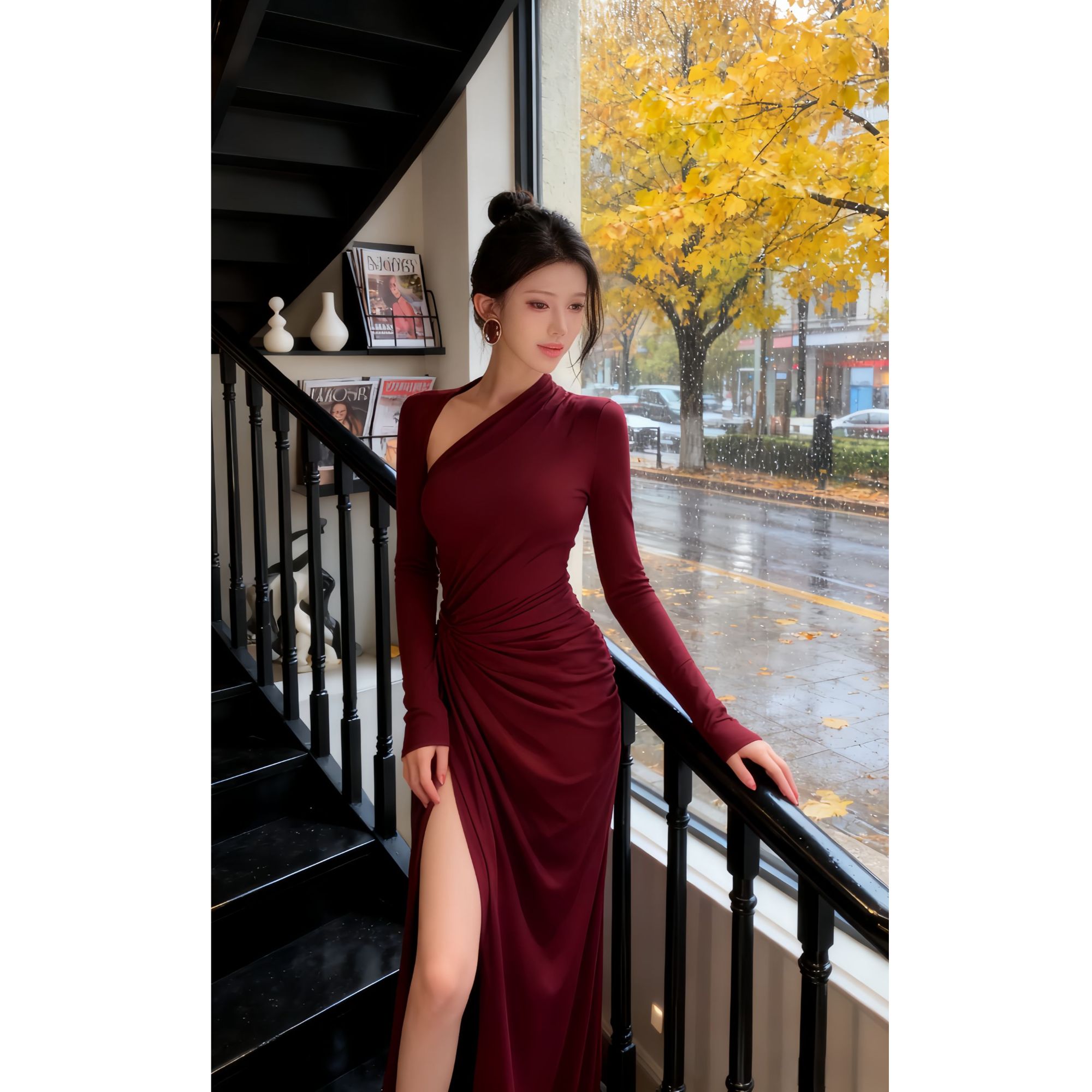 法式气质女神2025秋冬新款名媛御姐风ins性感斜肩褶皱连衣裙长裙