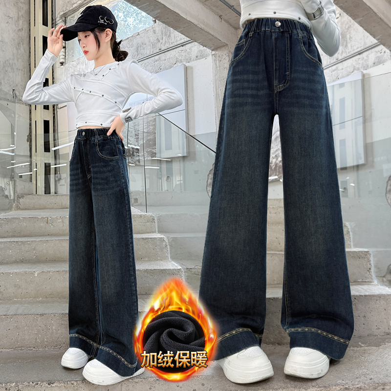 女童加绒牛仔裤秋冬新款中大童加厚休闲直筒阔腿长裤冬季儿童裤子