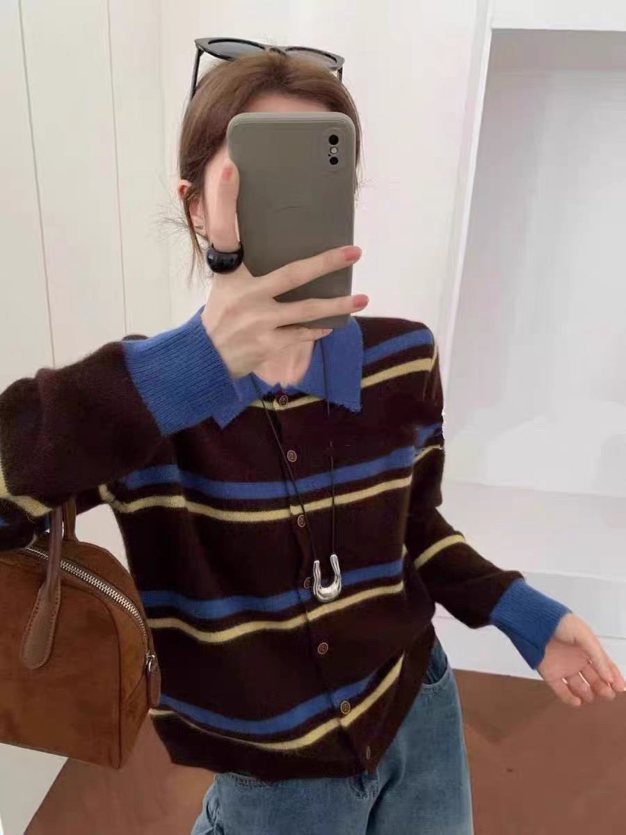 法式拼色条纹翻领长袖针织开衫女秋季2025新款减龄软糯打底衫毛衣
