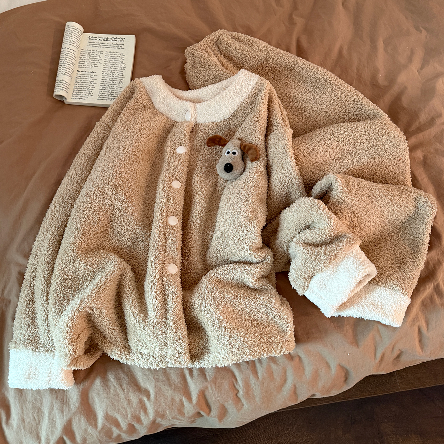 韩系ins可爱半边绒睡衣女冬季天新款加绒加厚珊瑚绒小个子家居服