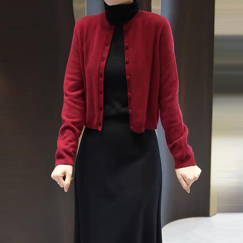 M787高端时髦气质酒红色针织开衫女美式新款别致减龄简约上衣秋冬