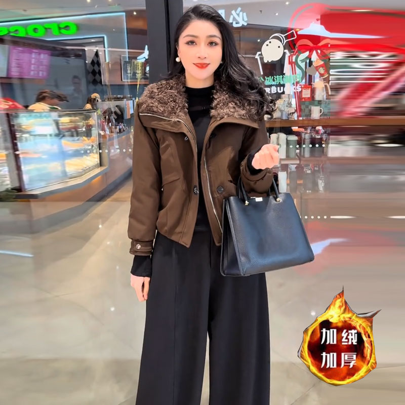 拉夏贝尔加绒加厚外套女2025冬季新款时髦洋气拼接翻领短款派克服