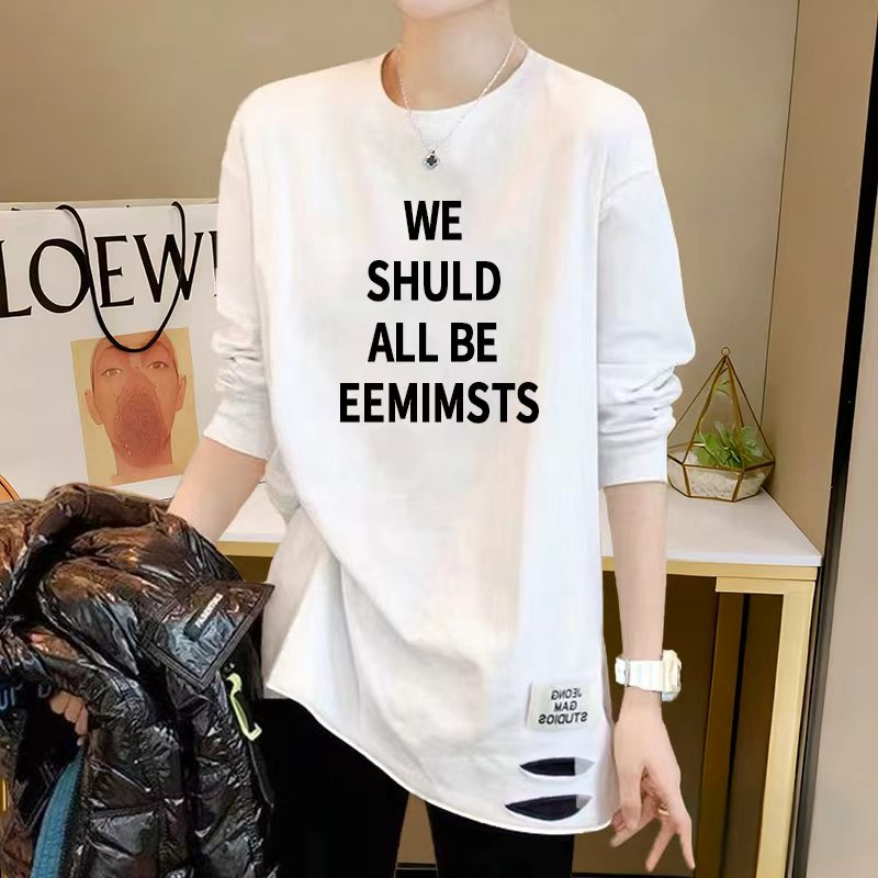 中长款上衣女遮屁股2025新款秋装爆款长袖t恤宽松白色加绒打底衫