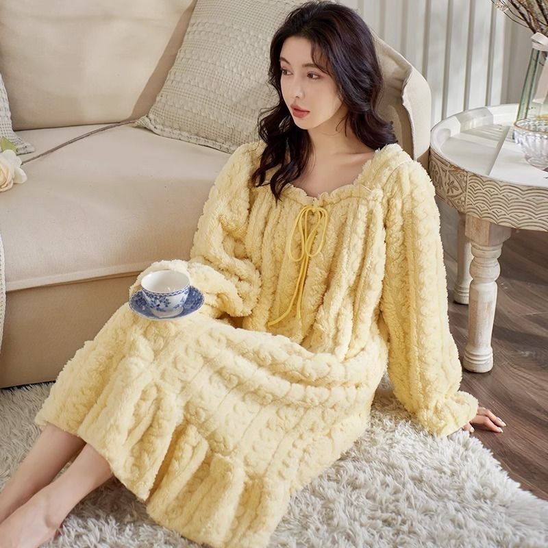 睡裙冬季珊瑚绒加绒加厚长袖法兰绒冬天公主风长款保暖大码睡衣AH