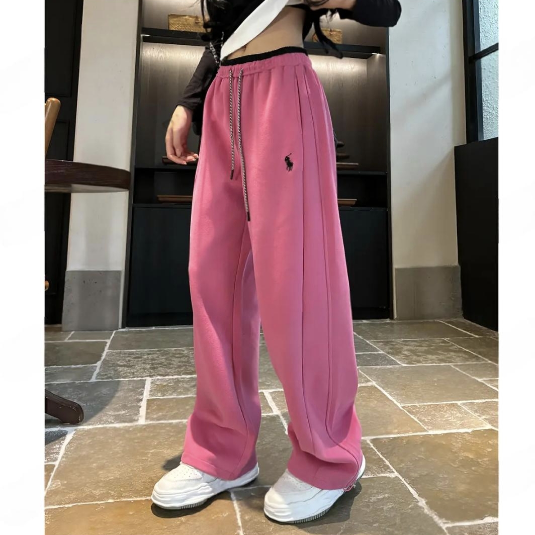 秋季新款刺绣小标拼色高腰显瘦弯刀阔腿裤女宽松百搭拼接休闲长裤
